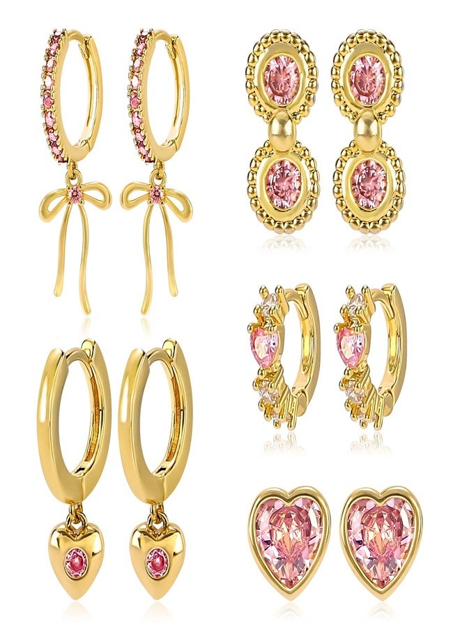 MOONWALTZ Pink Bow Heart Earrings Set for Women 14K Gold Plated Cubic Zirconia Love Heart Bowknot Huggie Hoop Earrings Cute Bow Ribbon Dainty Heart Stud Earrings Set for Multiple Piercing Party Jewelry Gifts - Image 1